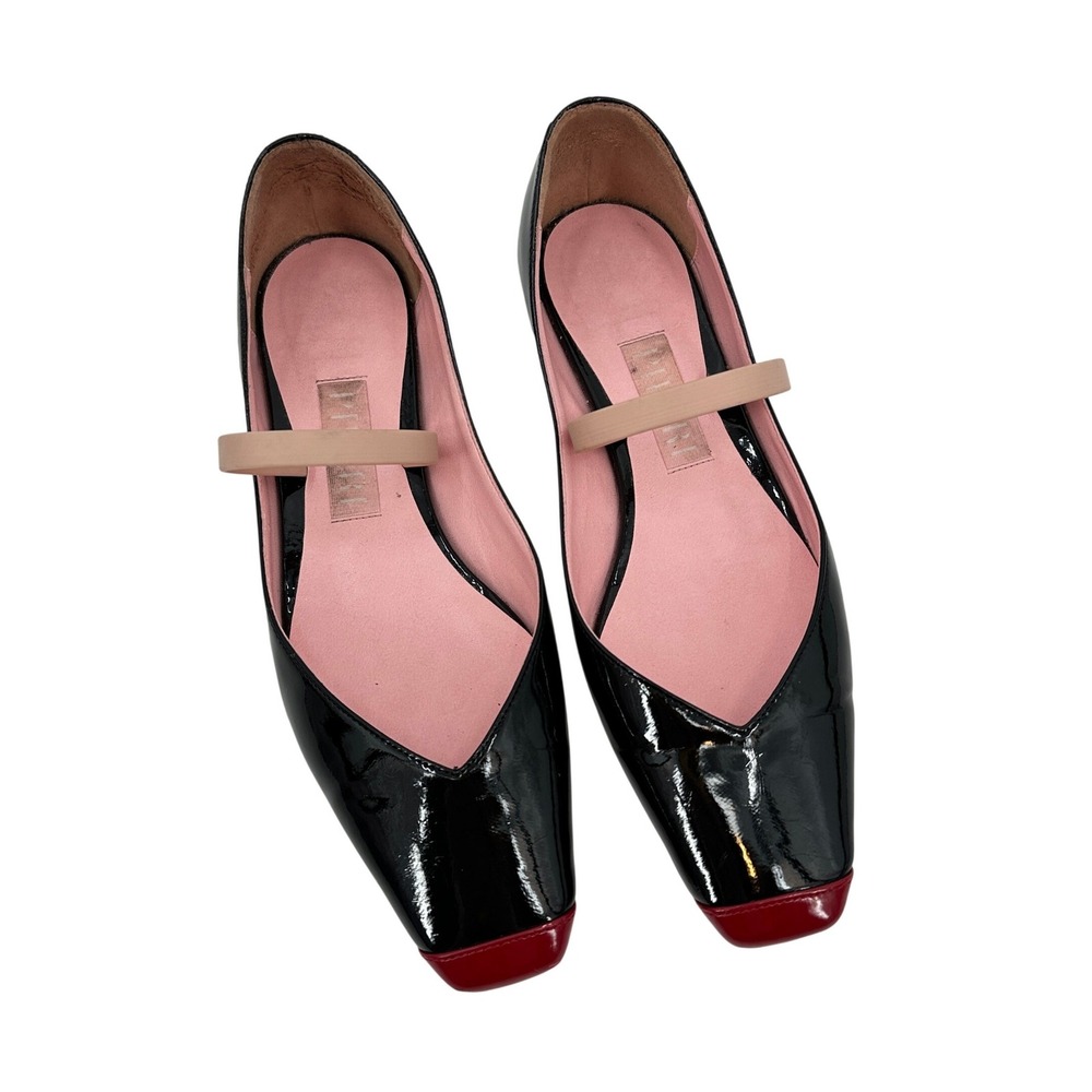 Piferi Tremaine Black Patent Red Tip Square Toe Mary Jane‎ Ballet Flats Size 37